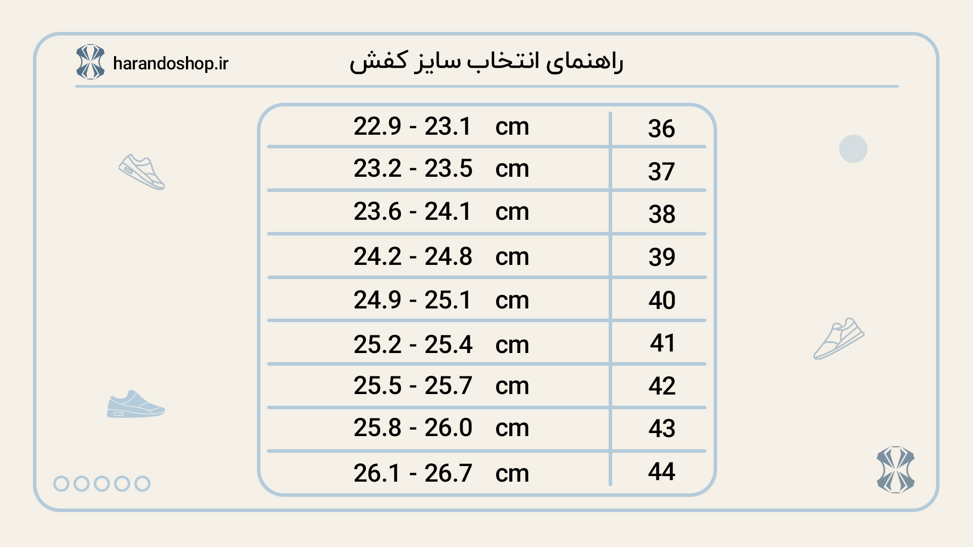 راهنمای انتخاب سایز کفش